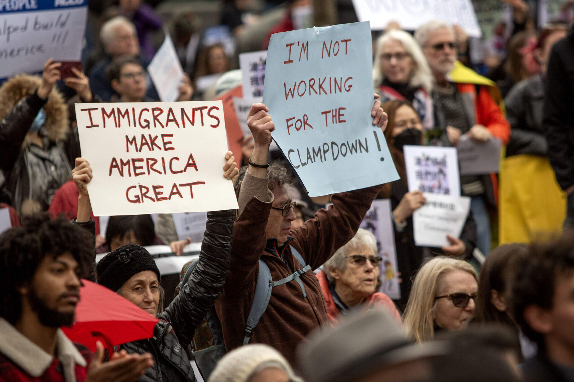 Supporters of Mayor Michelle Wu gathered outside Boston's City Hall. (Robin Lubbock/WBUR)