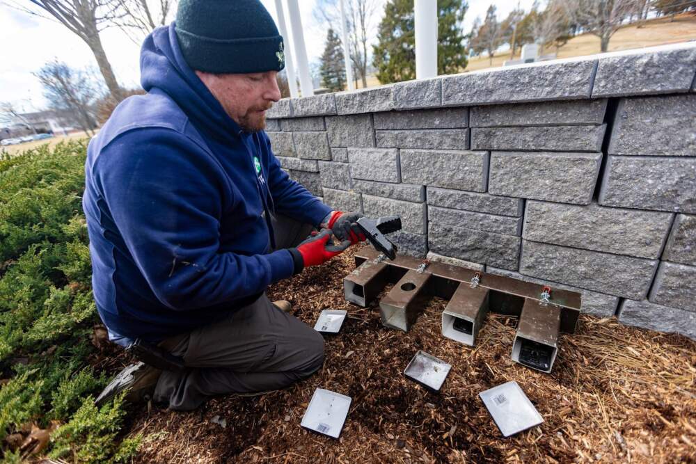 Exterminator Robert Linscott of North Shore Wildlife demonstrates his patented rodent trap, which he lines with non-poison bait. (Jesse Costa/WBUR)