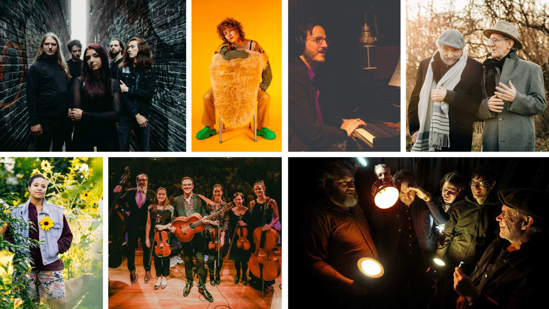 Clockwise from top left: Aversed (Courtesy Tom Couture); Lady Pills (Courtesy Sophie Adams); Mehmet Ali Sanlikol (Courtesy DÜNYA); John Lentz and Harvey Diamond (Courtesy Isabella Dellolio); Hallelujah the Hills (Courtesy Ben Stas); Mark Erelli + His String Quintet (Courtesy Bri Gately); and Naomi Westwater (Courtesy Ally Schmaling).