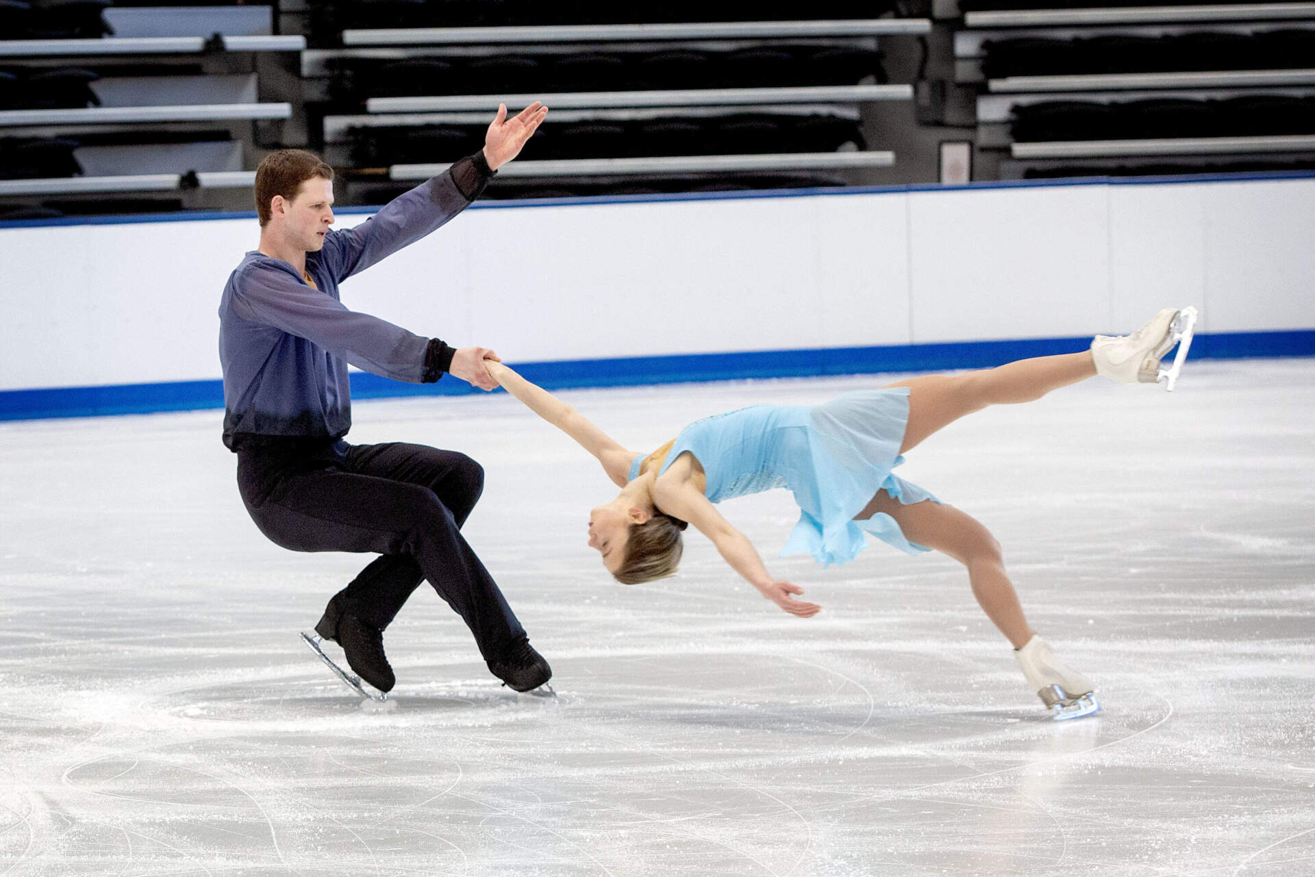U.S champions Misha Mitrofanov and Alisa Efimova practice at The Skating Club of Boston, in Norwood. (Robin Lubbock/WBUR)