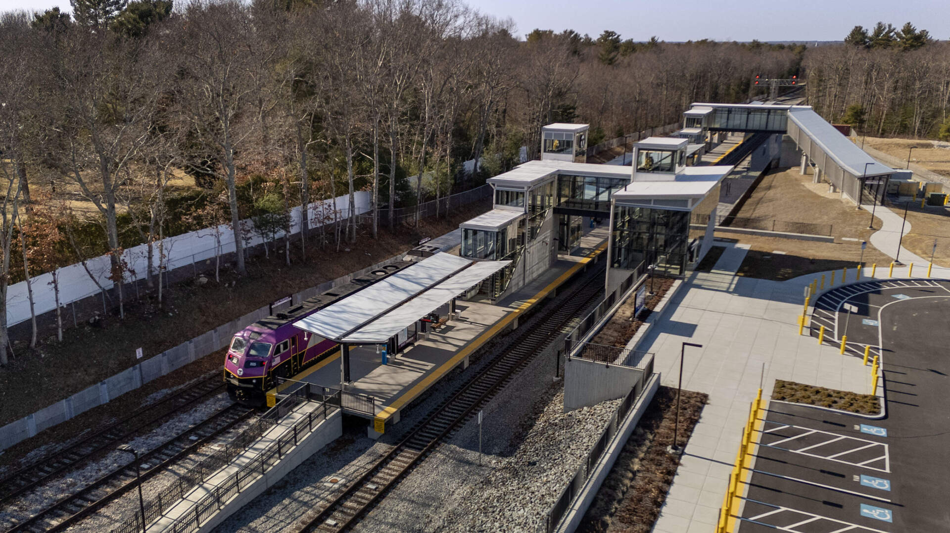 A train prepares to depart from East Taunton station. (Robin Lubbock/WBUR)