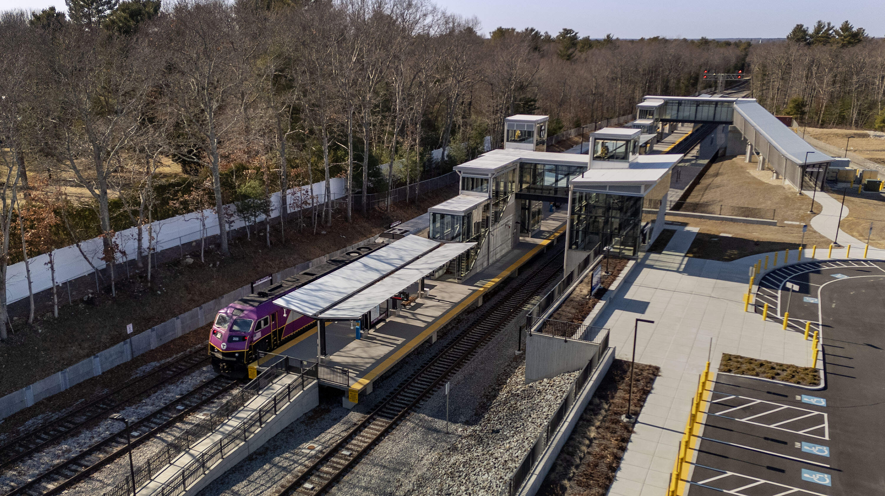 A train prepares to depart from East Taunton station. (Robin Lubbock/WBUR)