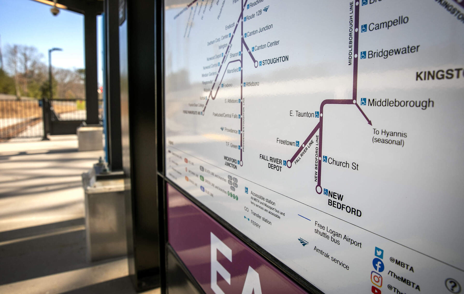 The MBTA station map at East Taunton shows the new routes to the south in Fall River and New Bedford. (Robin Lubbock/WBUR)