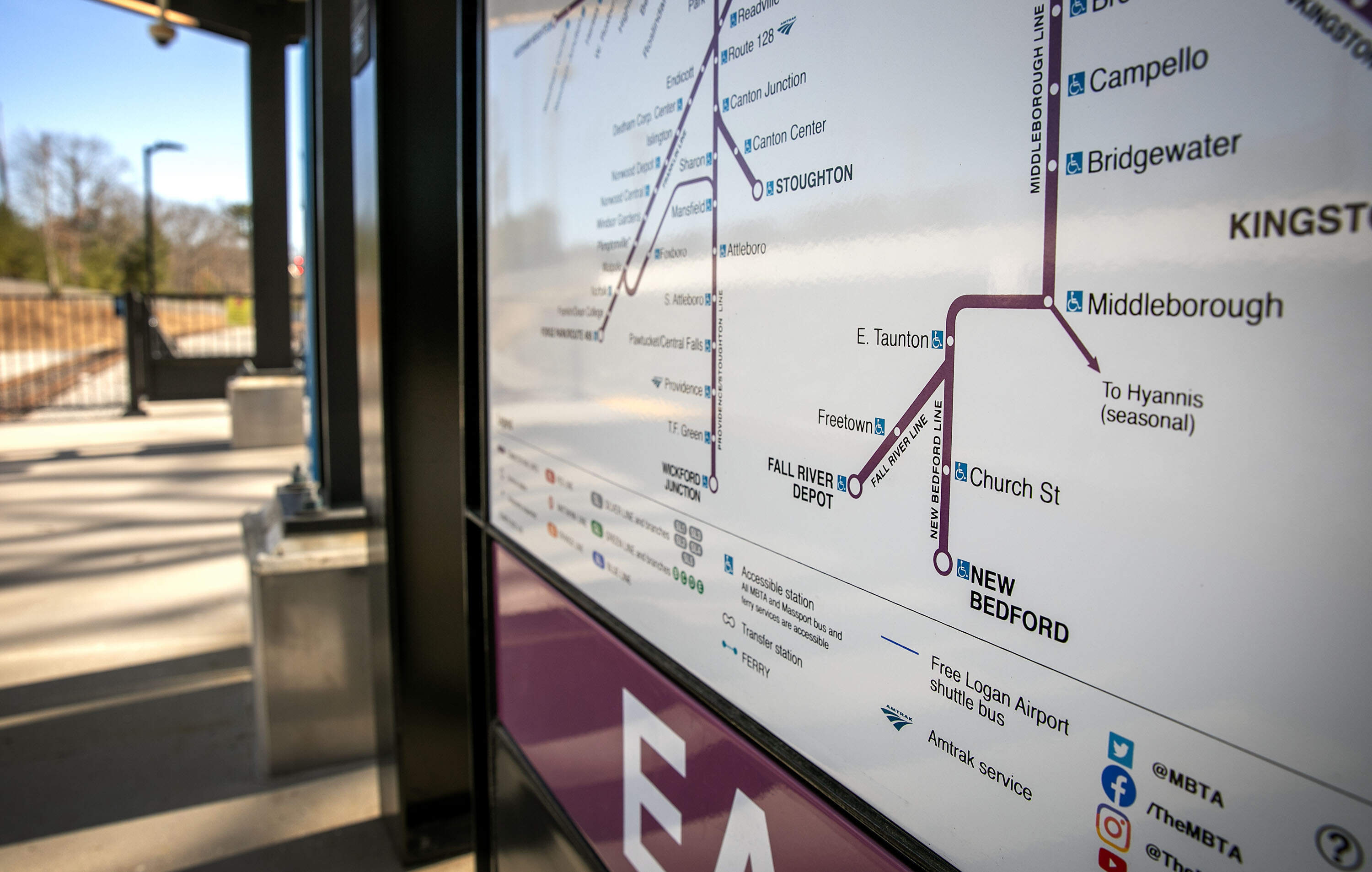 The MBTA station map at East Taunton shows the new routes to the south in Fall River and New Bedford. (Robin Lubbock/WBUR)