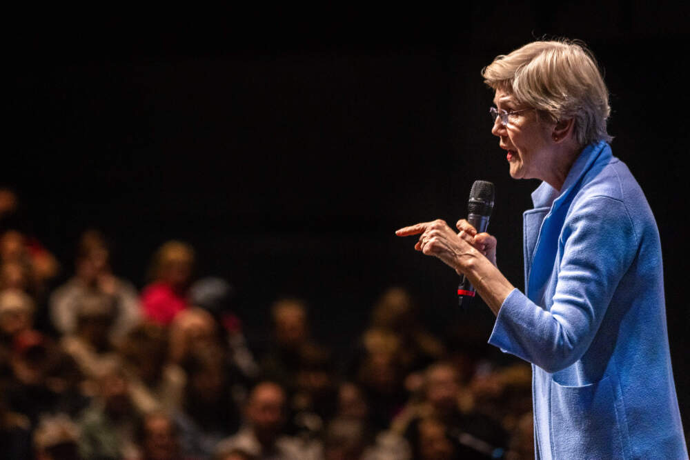 Sen. Elizabeth Warren speaks to a crowd during a town hall at the University of Massachusetts, Lowell. (Jesse Costa/WBUR)
