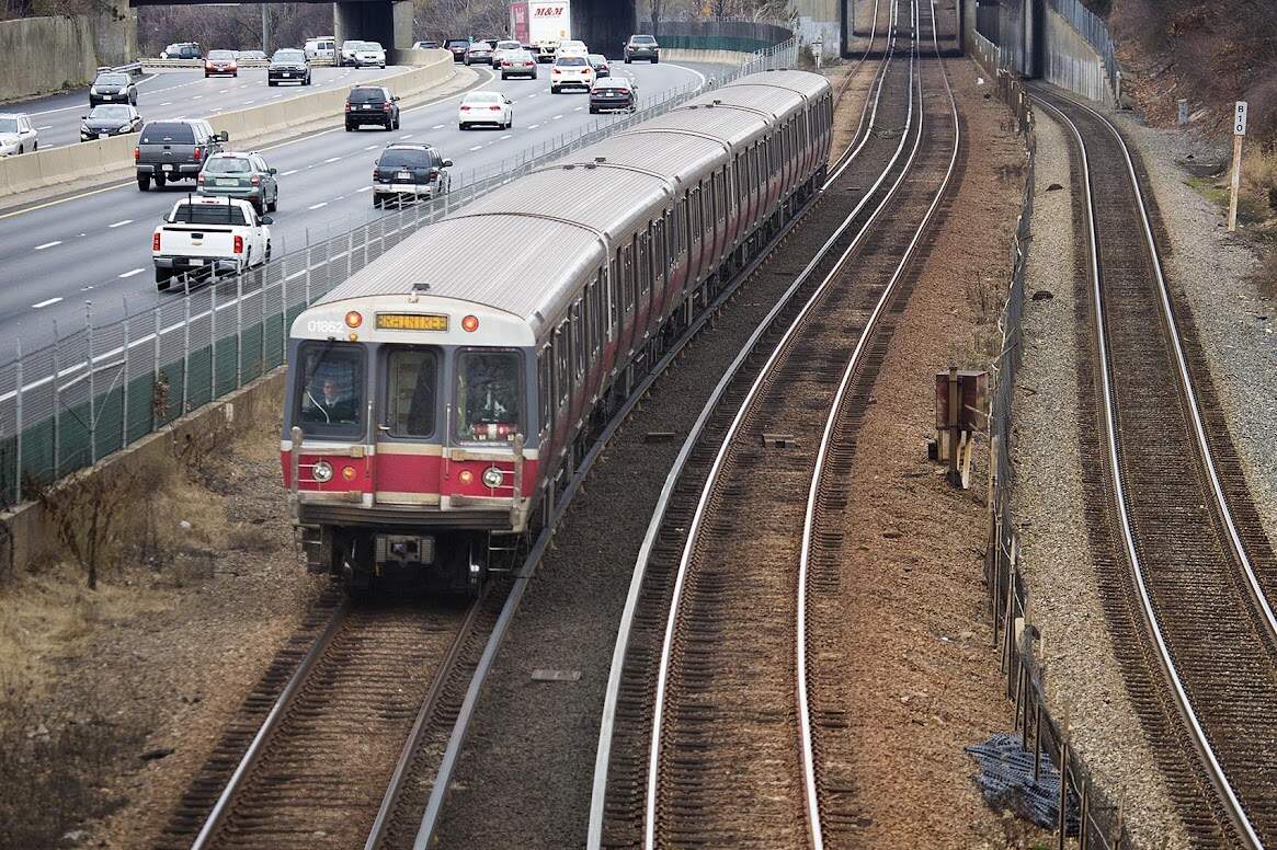 An MBTA Red Line train heads down the tracks on its way to Braintree station in 2015. (Jesse Costa/WBUR)