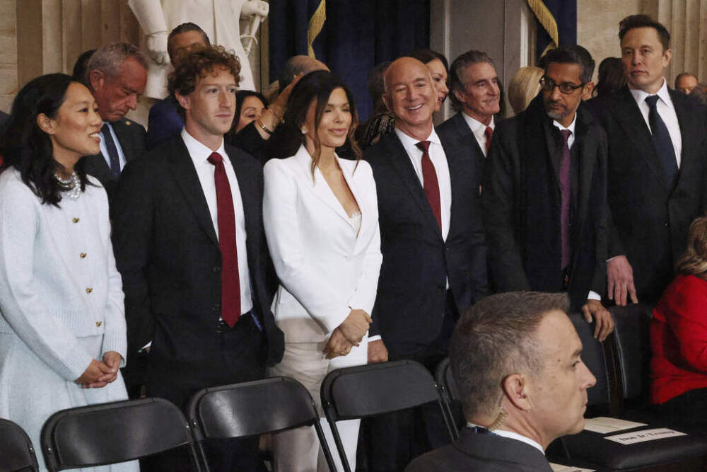 From left, Priscilla Chan, Meta CEO Mark Zuckerberg, Lauren Sanchez, Amazon founder Jeff Bezos, Google CEO Sundar Pichai and Elon Musk attend the 60th Presidential Inauguration in the Rotunda of the U.S. Capitol in Washington, Monday, Jan. 20, 2025. (Chip Somodevilla/AP)