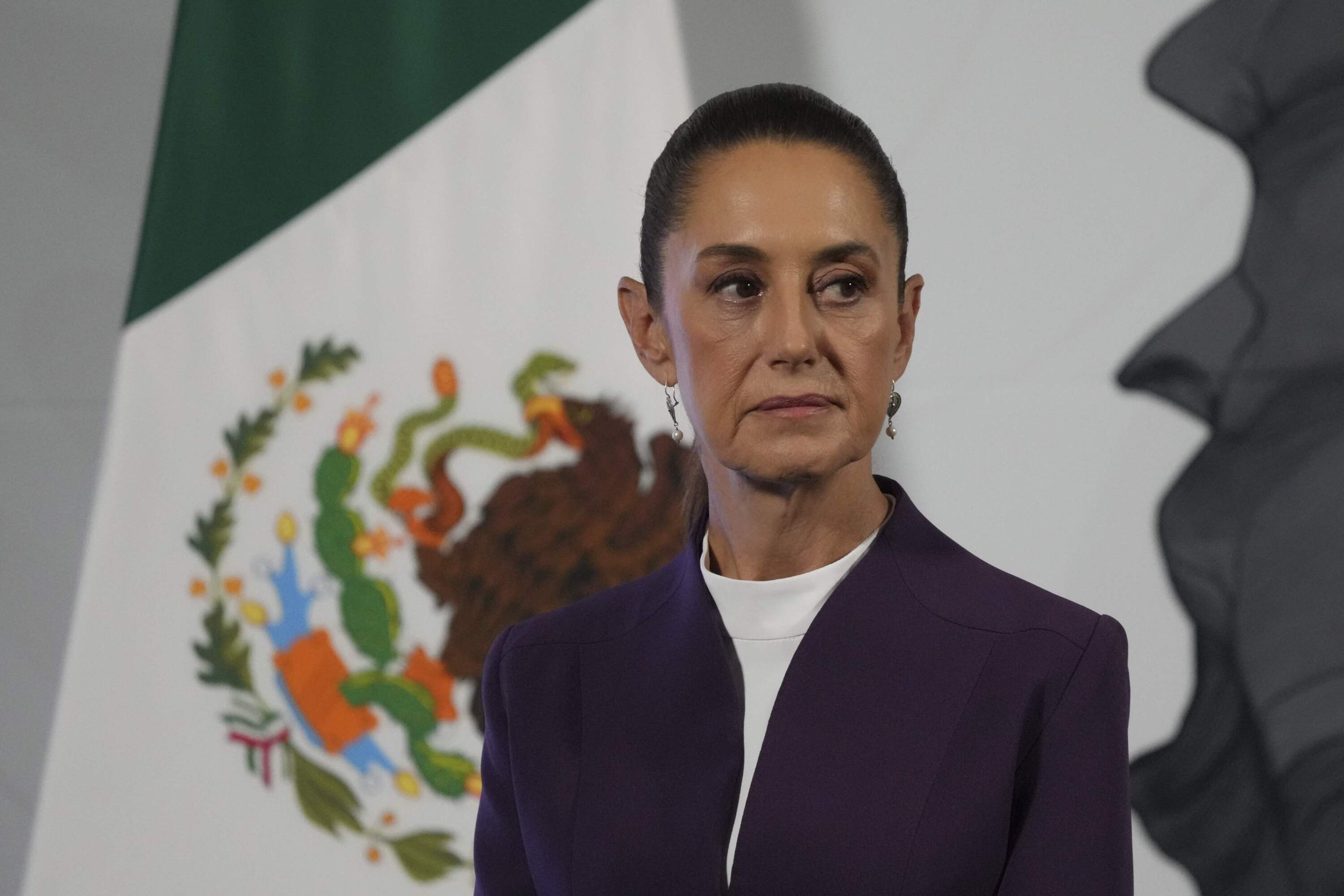 Mexican President Claudia Sheinbaum looks on during her morning press conference at the National Palace in Mexico City, Tuesday, March 4, 2025. (Marco Ugarte/AP)