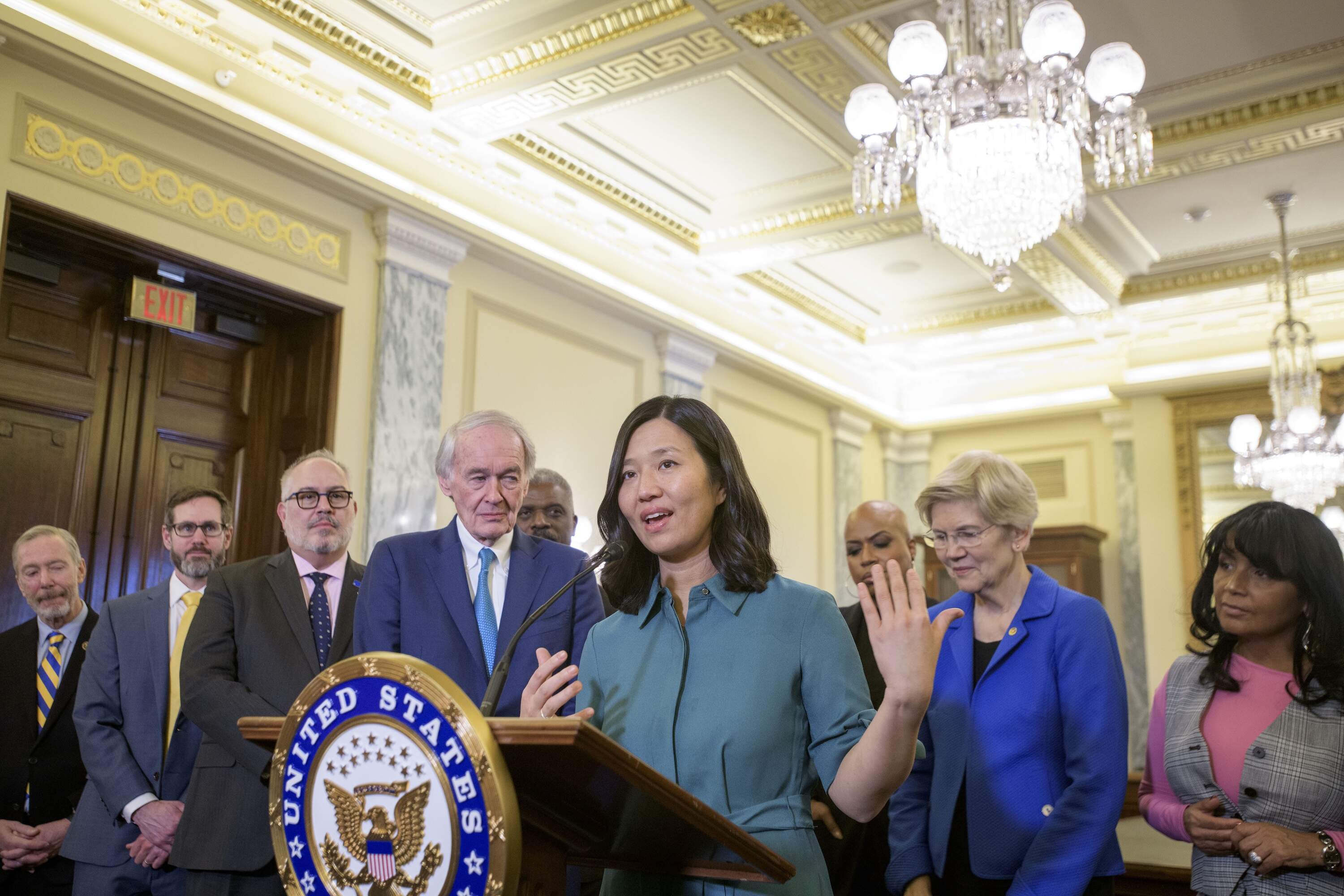 Boston Mayor Michelle Wu is joined by Sens. Ed Markey and Elizabeth Warren as she speaks during a Massachusetts Congressional Delegation press conference on Tuesday, in Washington D.C. (Rod Lamkey Jr./AP)