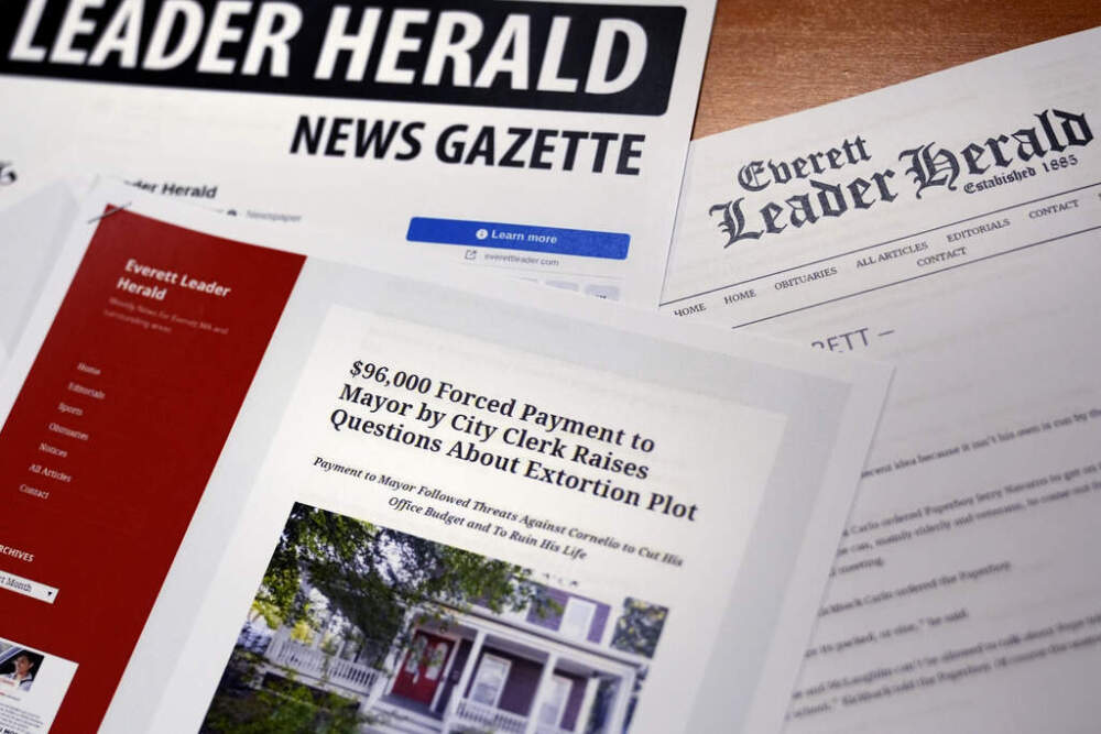 A selection of Everett Leader Herald News Gazette newspaper stories displayed at the law firm representing DeMaria. (Charles Krupa/AP)
