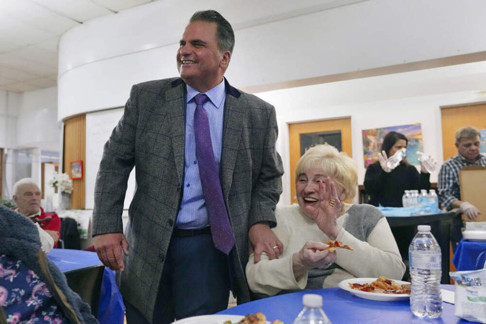Everett Mayor Carlo DeMaria smiles while visiting guests at a senior luncheon following a bingo game on Jan. 13, 2025. (Charles Krupa/AP)