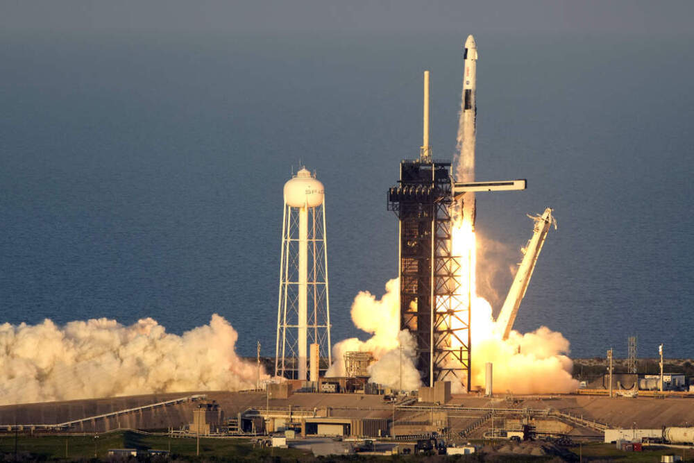 A SpaceX Falcon 9 rocket, with a crew of four aboard the Crew Dragon spacecraft, lifts off from the Kennedy Space Center in Cape Canaveral, Fla., Friday, March 14, 2025. (AP Photo/John Raoux)