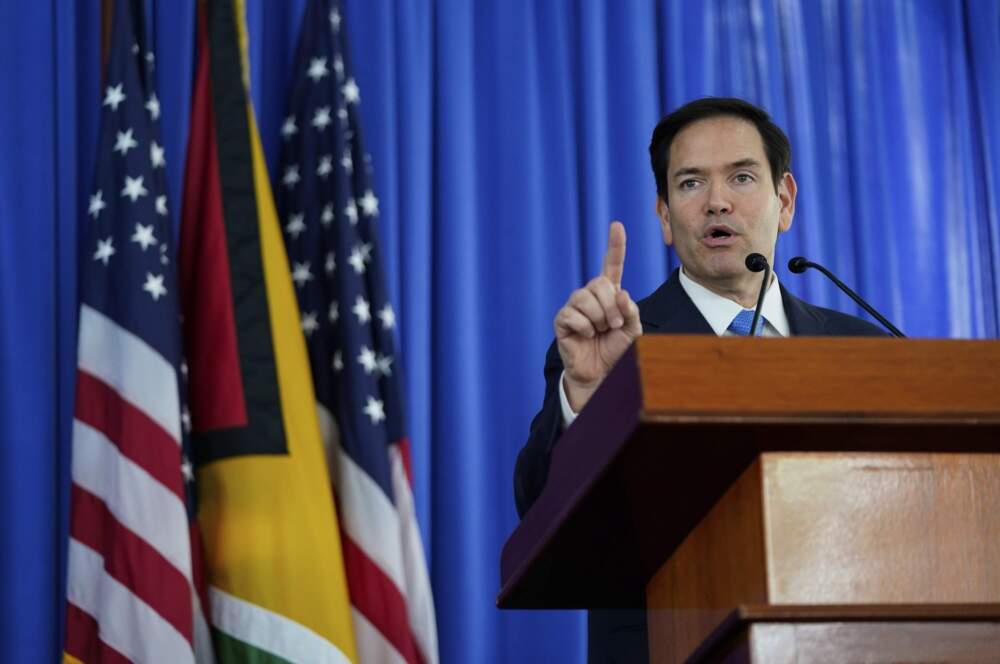 U.S. Secretary of State Marco Rubio speaks during a news conference in Guyana. (Nathan Howard/AP)