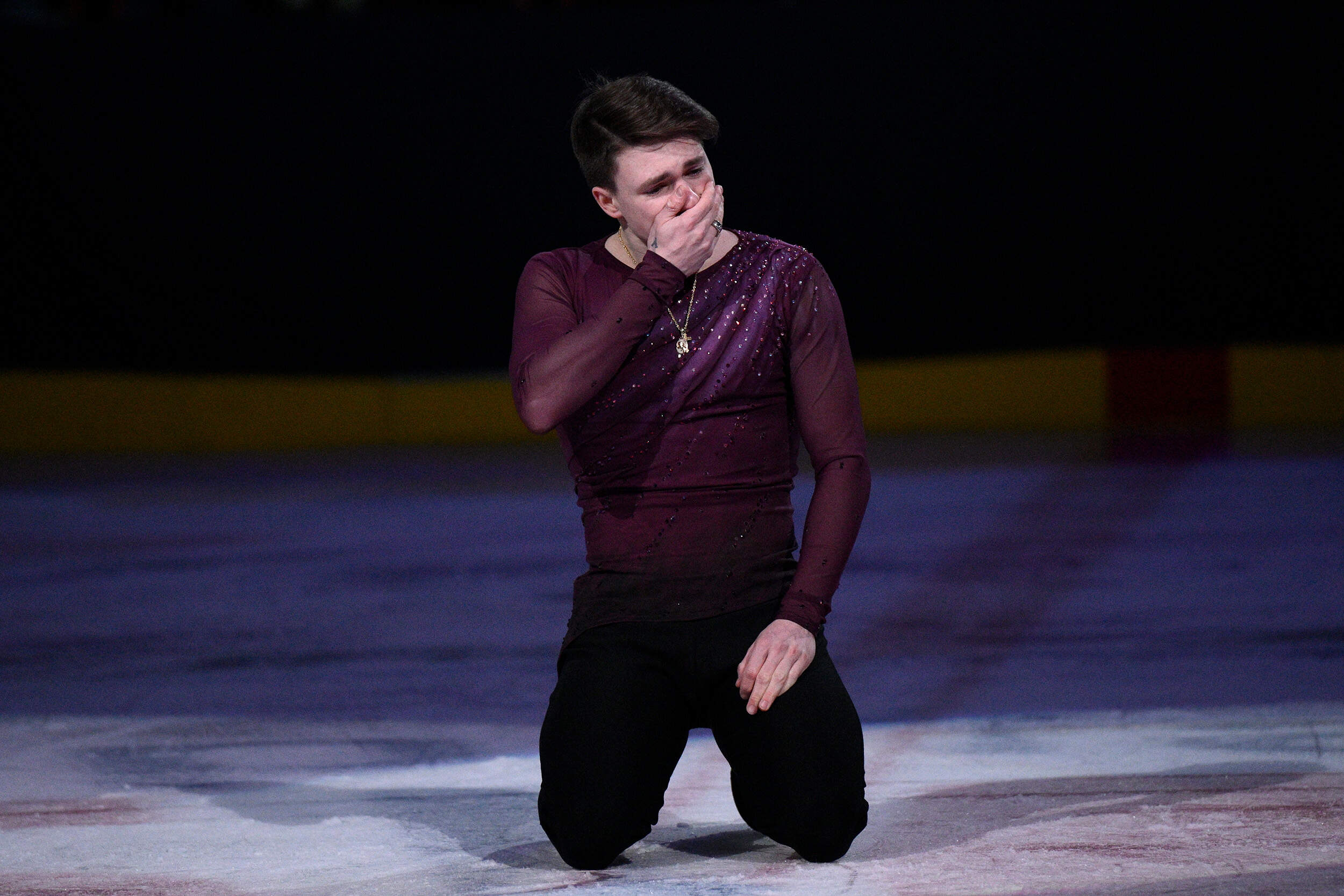 Max Naumov reacts after at the end of his performance honoring his parents, Skating Club of Boston coaches Vadim Naumov and Evgenia Shishkova, at the Legacy on Ice event, March 2, 2025. (Nick Wass/AP)
