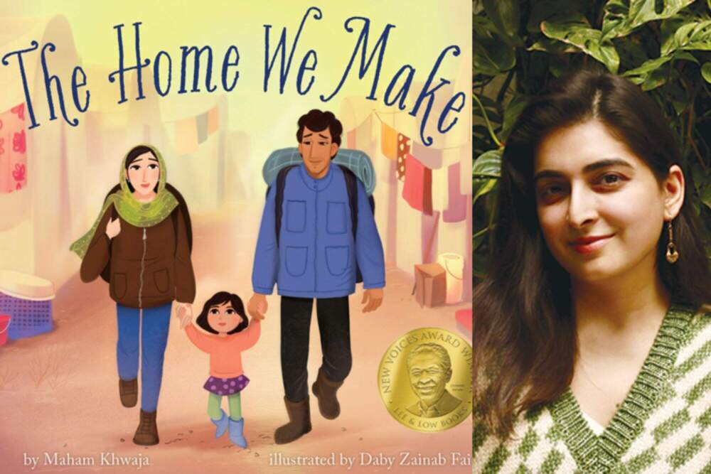 The cover of "The Home We Make" and author Maham Khwaja. (Courtesy of Lee & Low Books and Sadaf Hasan)