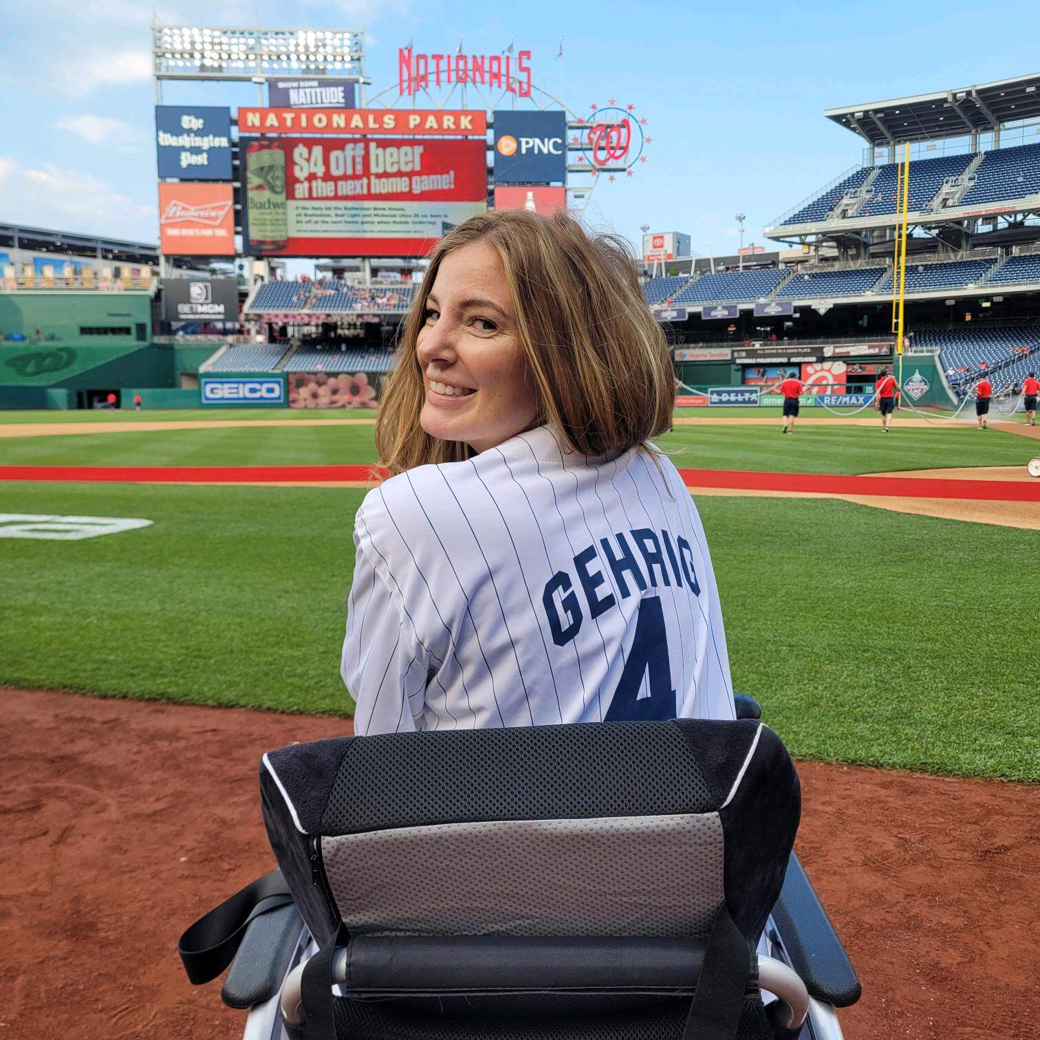 Brooke Eby at a Washington Nationals Game, wearing Lou Gehrig's jersey. (Courtesy of: Brooke Eby)