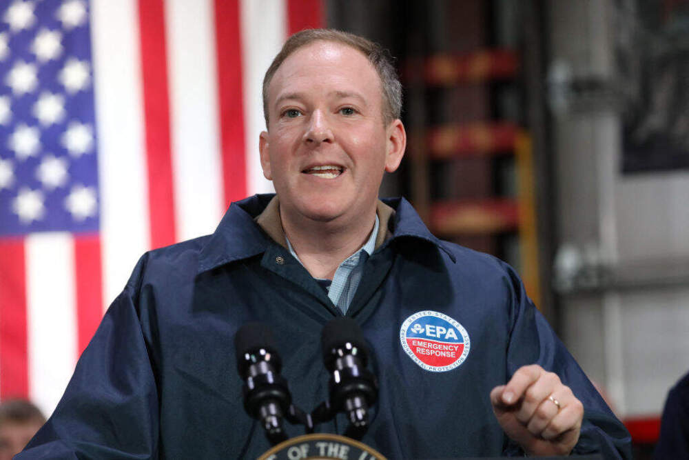 EPA Administrator Lee Zeldin speaks as Vice President JD Vance visits the East Palestine Fire Department in East Palestine, Ohio, on February 3. (Rebecca Droke/AFP via Getty Images)