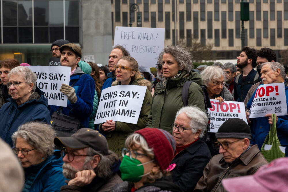 Activists hold a demonstration in lower Manhattan against the arrest by ICE of Palestinian activist Mahmoud Khalil, a graduate student at Columbia University, on March 20, 2025 in New York City. (Spencer Platt/Getty Images)