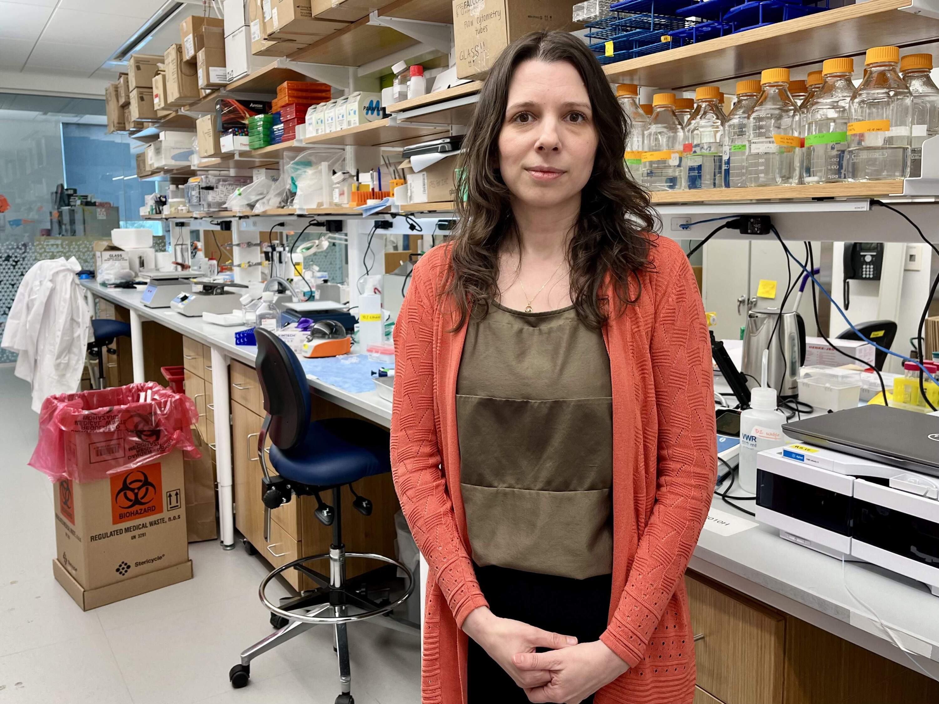 Biomedical engineer and professor Rachael Sirianni, PhD, of UMass Chan Medical School, shut down some of her lab's research aimed at developing tools to help treat pediatric brain cancer. (Lynn Jolicoeur/WBUR)