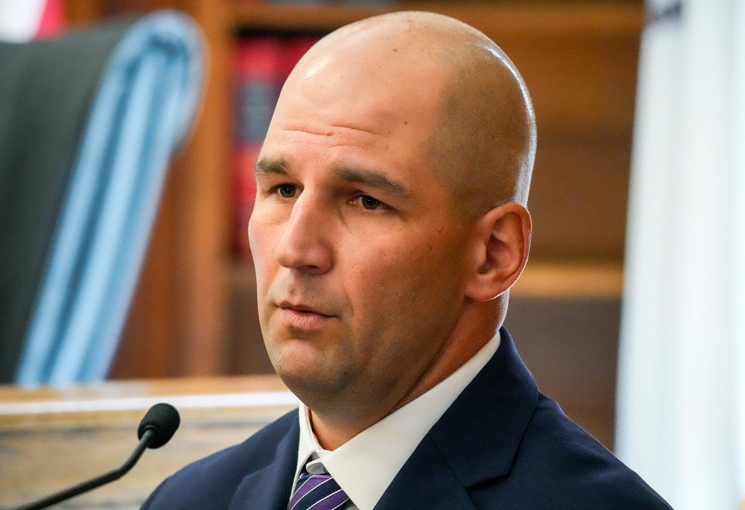 Massachusetts State Police Trooper Michael Proctor takes the stand to testify, June 10, 2024, in Norfolk Super Court, in Dedham, Mass., during the trial for Karen Read. (Kayla Bartkowski/The Boston Globe via AP)
