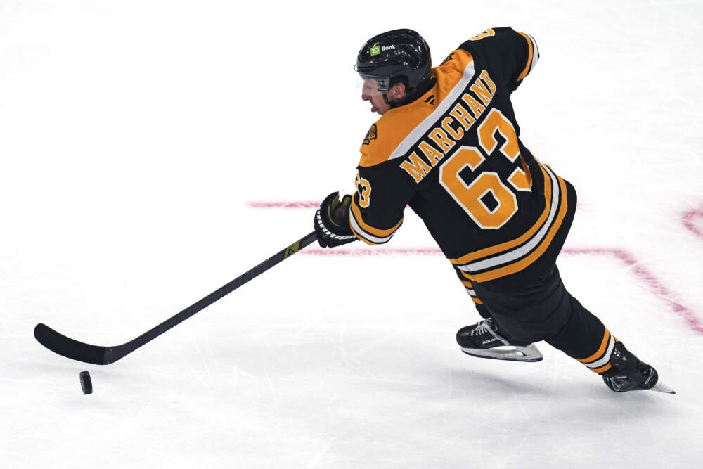 Former Boston Bruins left wing Brad Marchand skates against the Toronto Maple Leafs during the second period of an NHL hockey game, Tuesday, Feb. 25, 2025, in Boston. (Charles Krupa/AP)