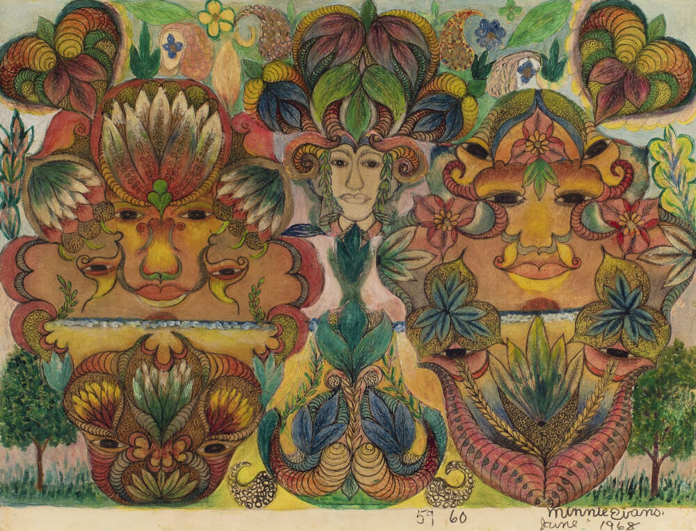 Minnie Evans, "Untitled (Three faces divided by two sunrises over water)," 1968. (Courtesy Cameron Art Museum, Wilmington, North Carolina; Estate of Minnie Jones Evans; and Museum of Fine Arts, Boston)