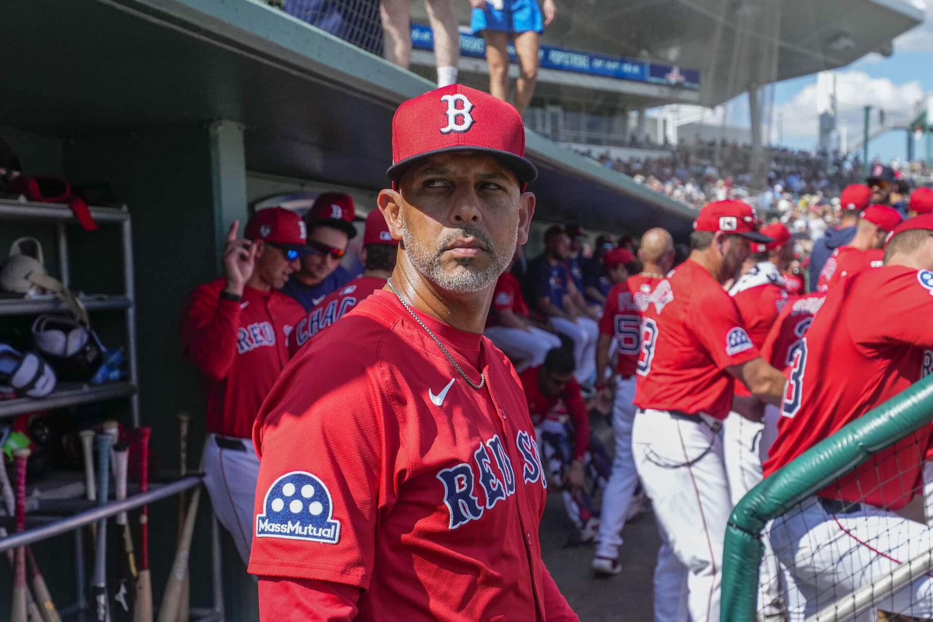 Boston Red Sox manager Alex Cora watches from the dugout in the second inning of a spring training baseball game last month against the Tampa Bay Rays in Fort Myers, Florida. (Gerald Herbert/AP)