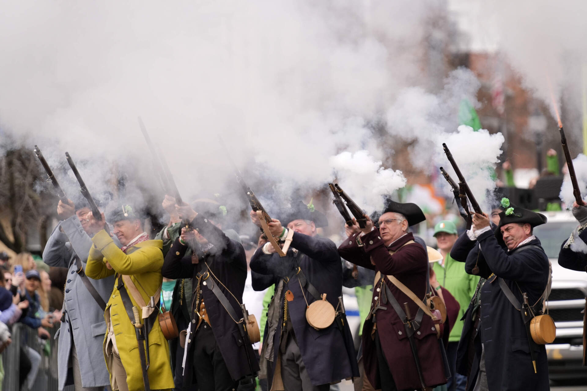 Actors shoot Musketen at St. Patrick's Day Parade. (Robert F. Bukaty/AP)