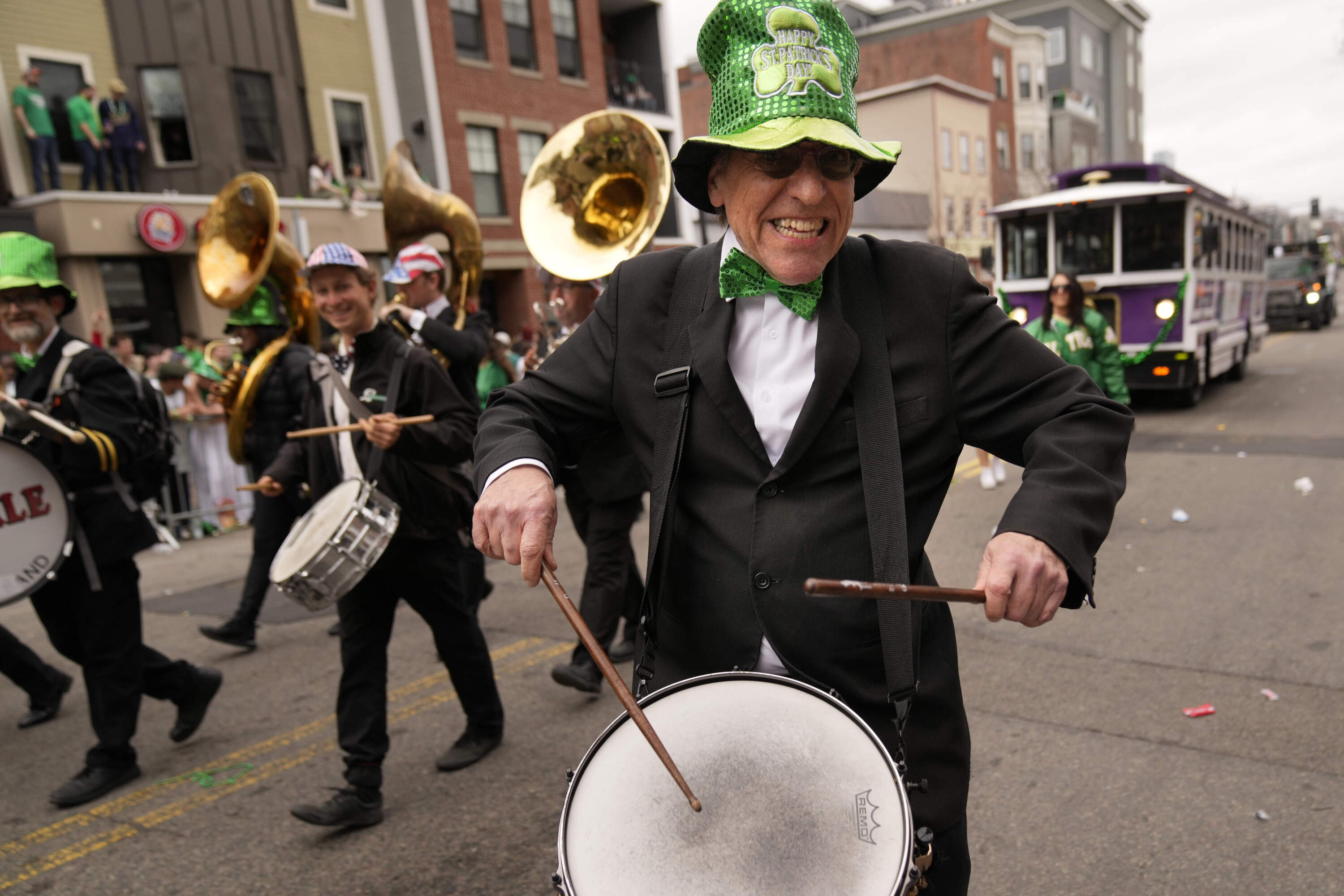 A drummer performs during the St. Patrick's Day parade. (Robert F. Bukaty/AP)