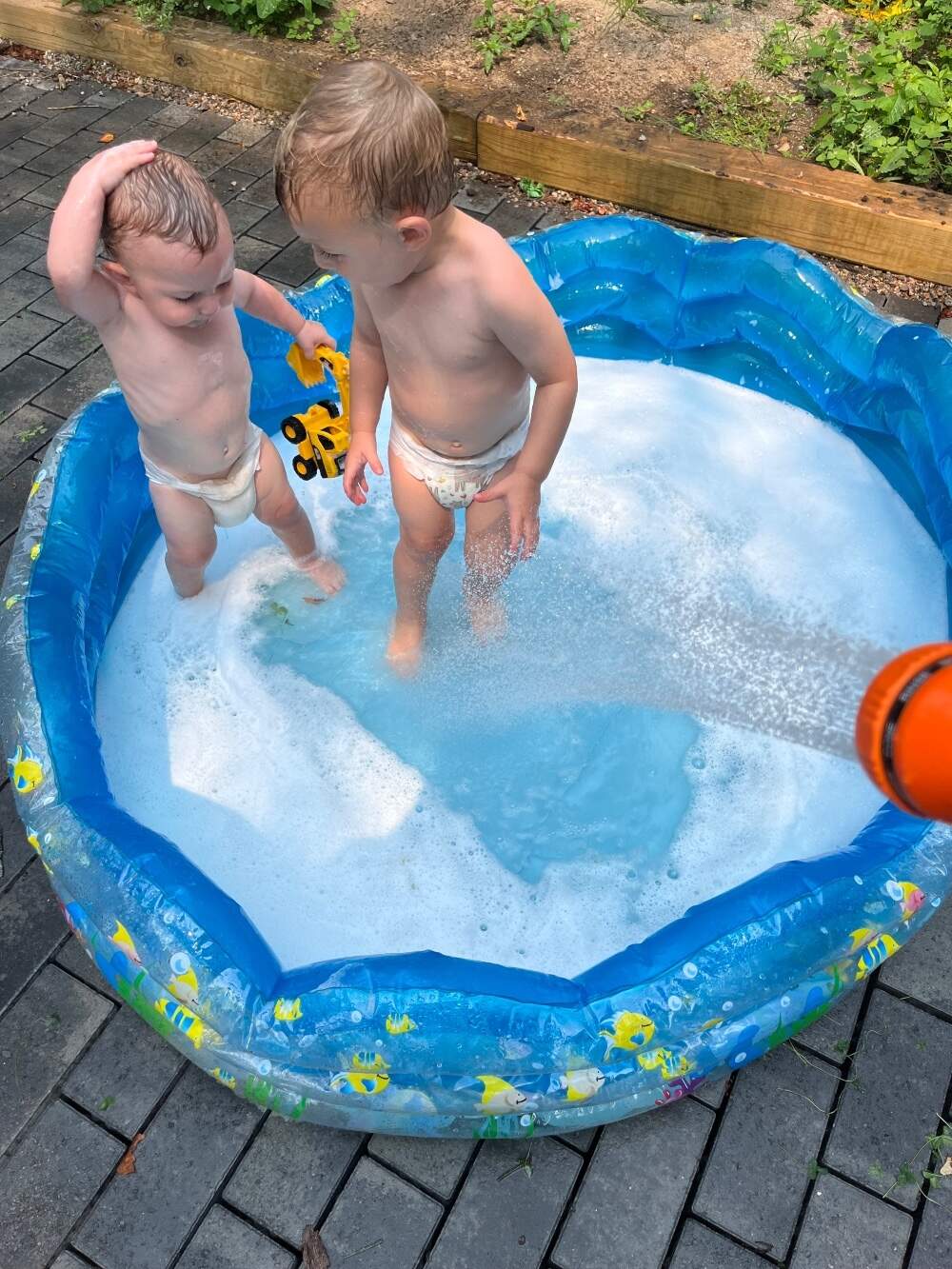 The author's sons enjoying the tiny backyard pool and soggy diapers. (Courtesy Bart Tocci)