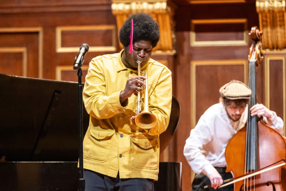 Trumpeter Lemuel Marc and bassist Aidan Devine perform during the 2024 Coretta Scott King Tribute Concert in Jordan Hall. (Courtesy Andrew Hurlbut)