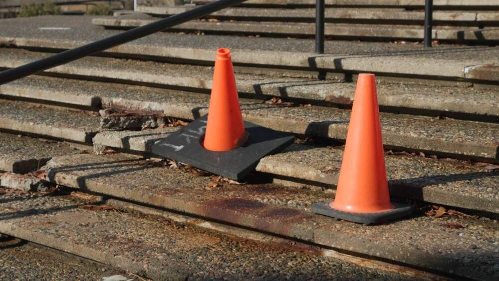 Certain staircases at UMass Dartmouth cannot be walked on due to broken concrete. (Rhode Island PBS)