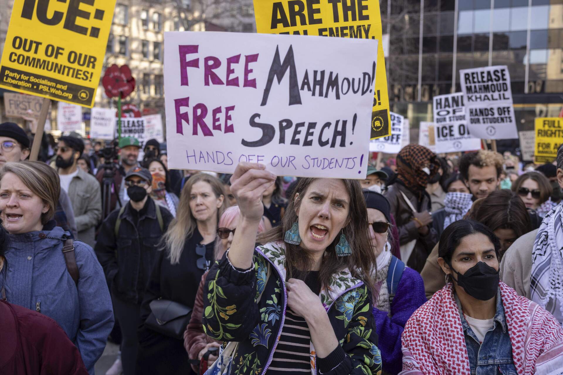 A protester chants during a demonstration in support of Palestinian activist Mahmoud Khalil on Monday in New York. (Yuki Iwamura/AP)