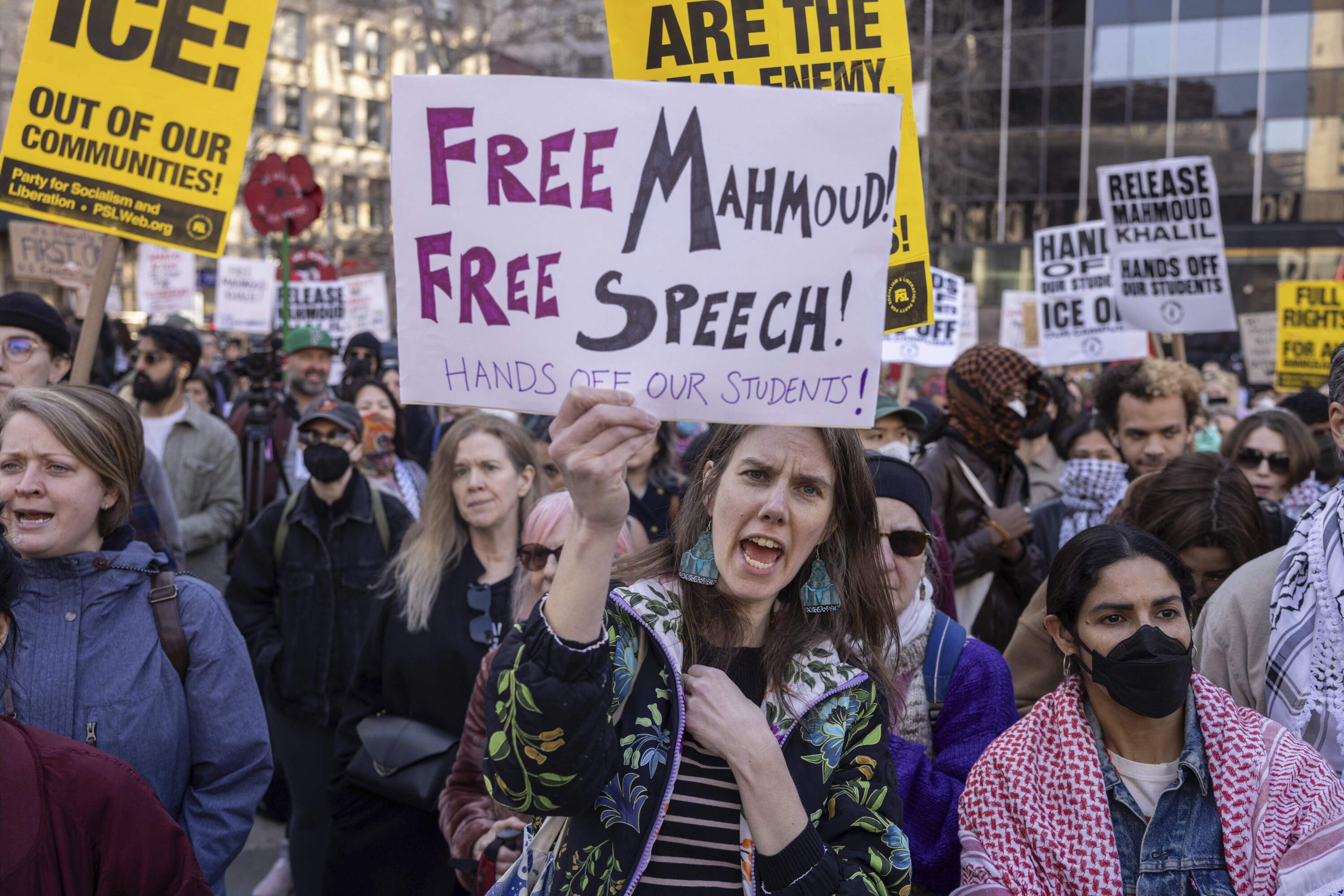 A protester chants during a demonstration in support of Palestinian activist Mahmoud Khalil on Monday in New York. (Yuki Iwamura/AP)