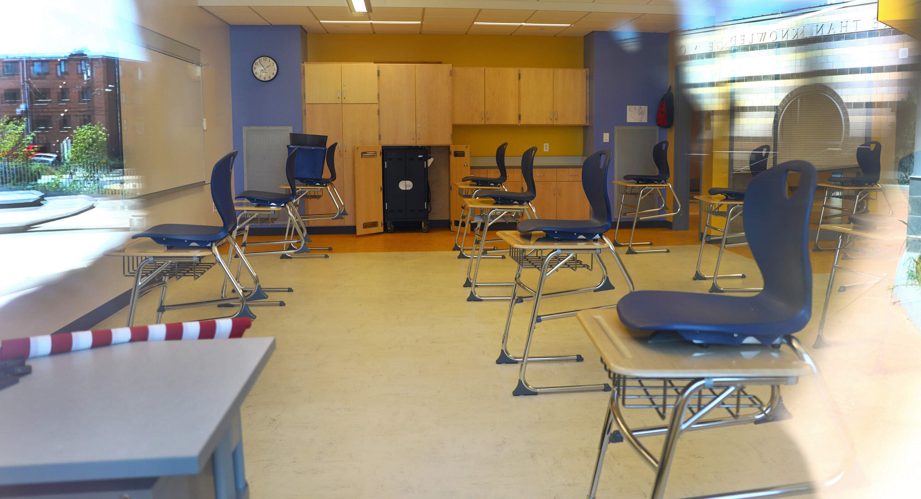 In this file photo, pictured is an empty middle school classroom in Chelsea, Mass. on Aug. 3, 2020. (Pat Greenhouse/The Boston Globe via Getty Images)
