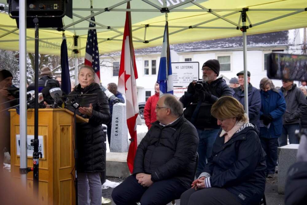 Sylvie Boudreau, president of the Haskell Free Library and Opera House, speaks at a press conference Friday, March 21. (Catherine Morrissey/Vermont Public)