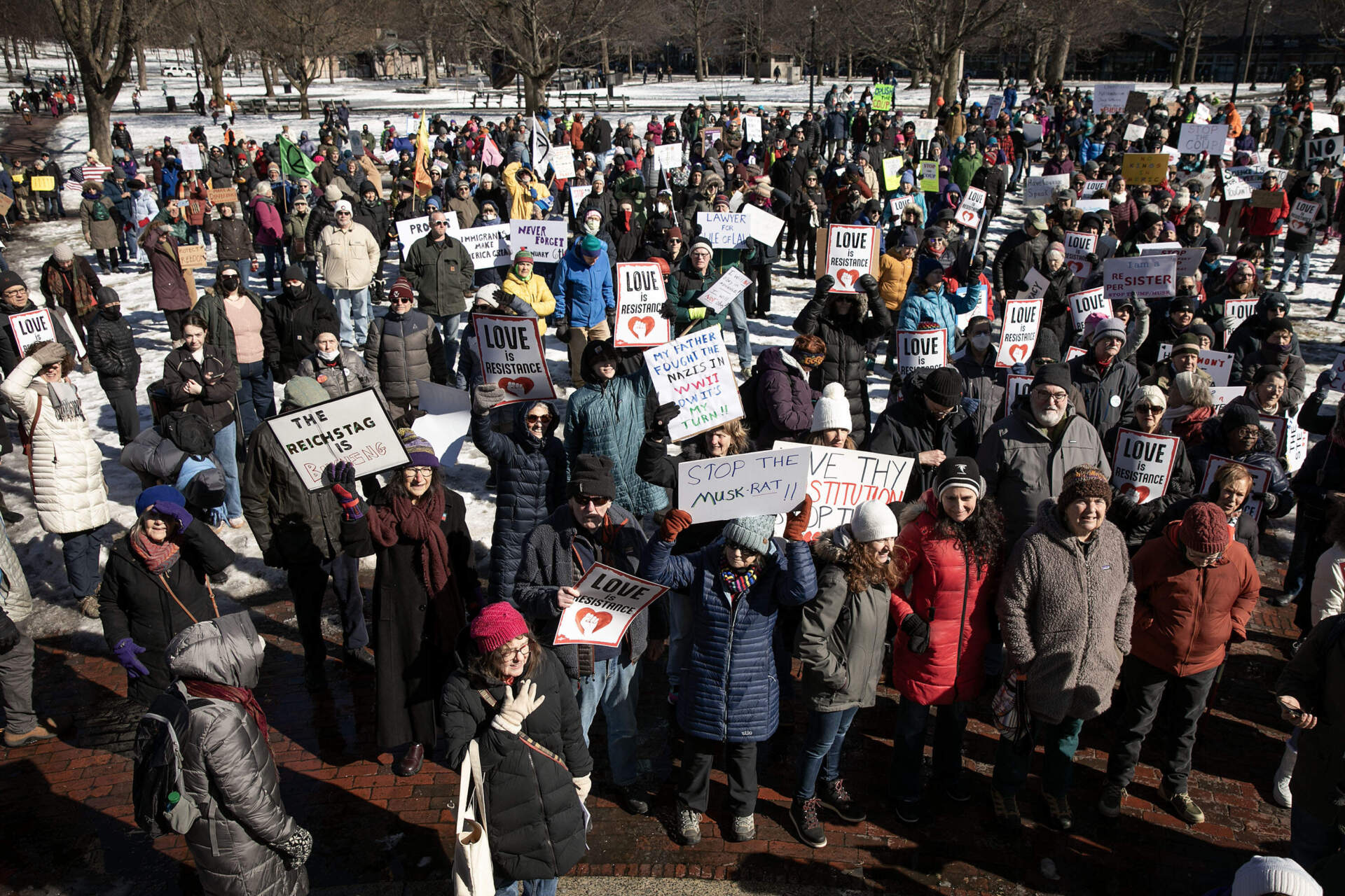 Protesters gathered at the Parkman Bandstand for the "Stop the Coup" rally on Boston Common. (Robin Lubbock/WBUR)