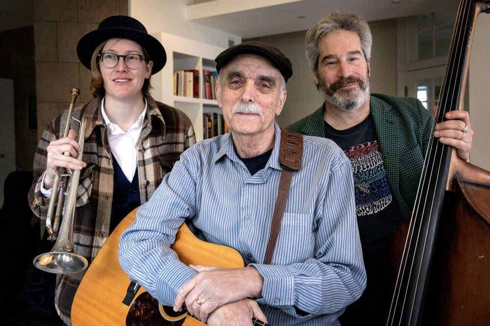 Guitarist Jim Kweskin, with trumpet player Annie Linders and bassist Matthew Berlin. (Robin Lubbock/WBUR)