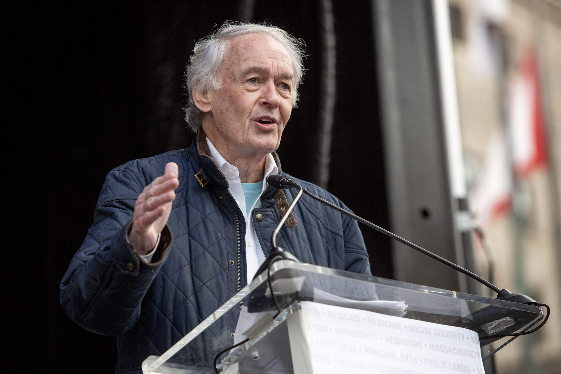 Sen. Ed Markey addresses the crowd of protesters at City Hall Plaza in Boston. (Robin Lubbock/WBUR)