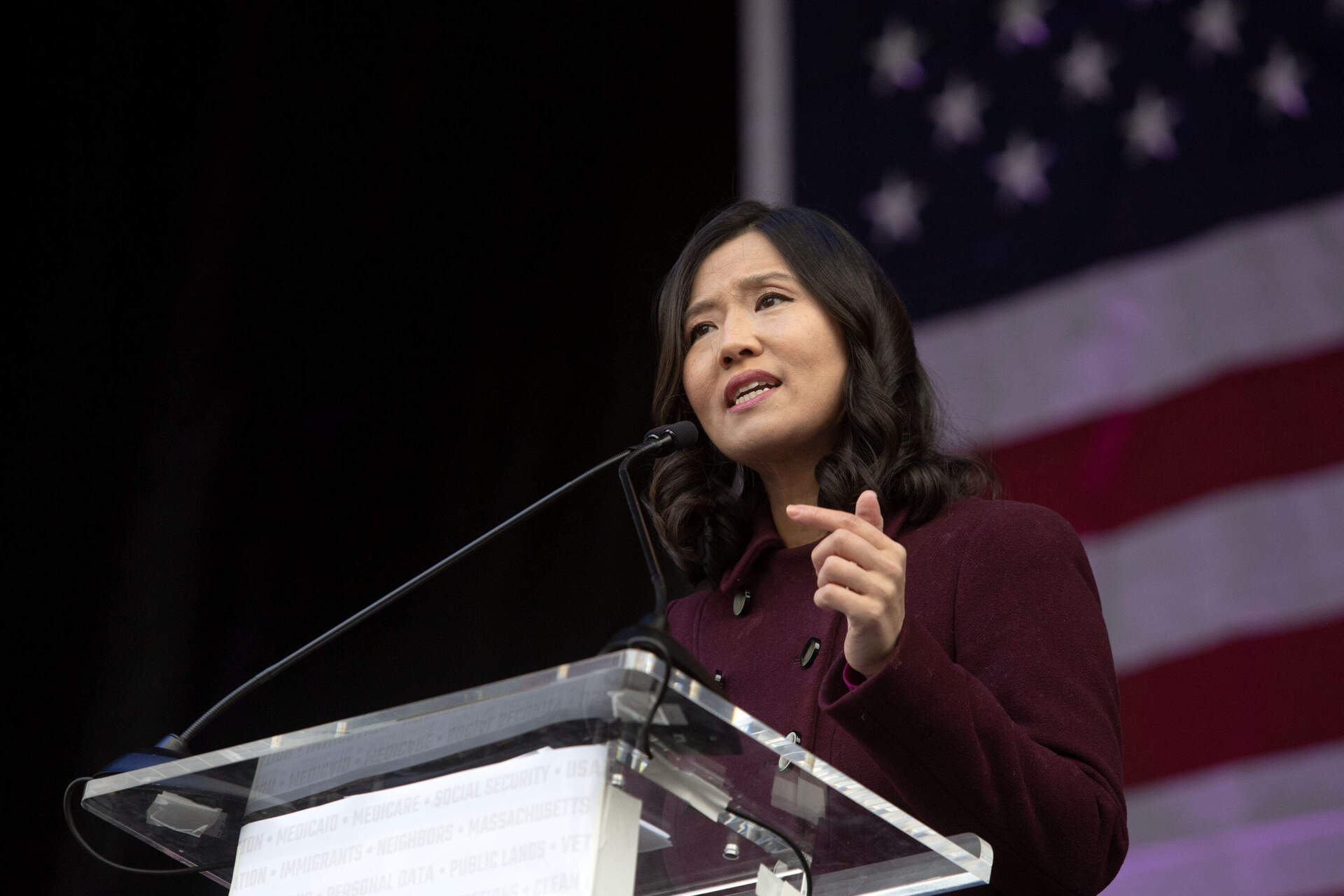 Mayor Michelle Wu talks to "Hands Off Massachusetts!" protesters at City Hall Plaza in Boston. (Robin Lubbock/WBUR)
