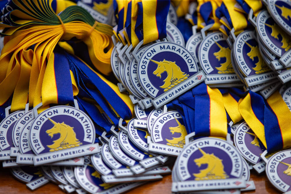 Medals for last year's Boston Marathon athletes. (Jesse Costa/WBUR)