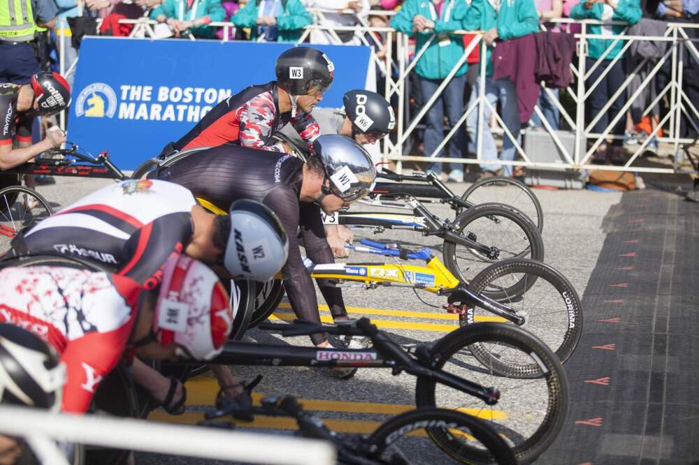 Men’s push rim wheelchair division at the start of the Boston Marathon in 2016. (Joe Difazio for WBUR)