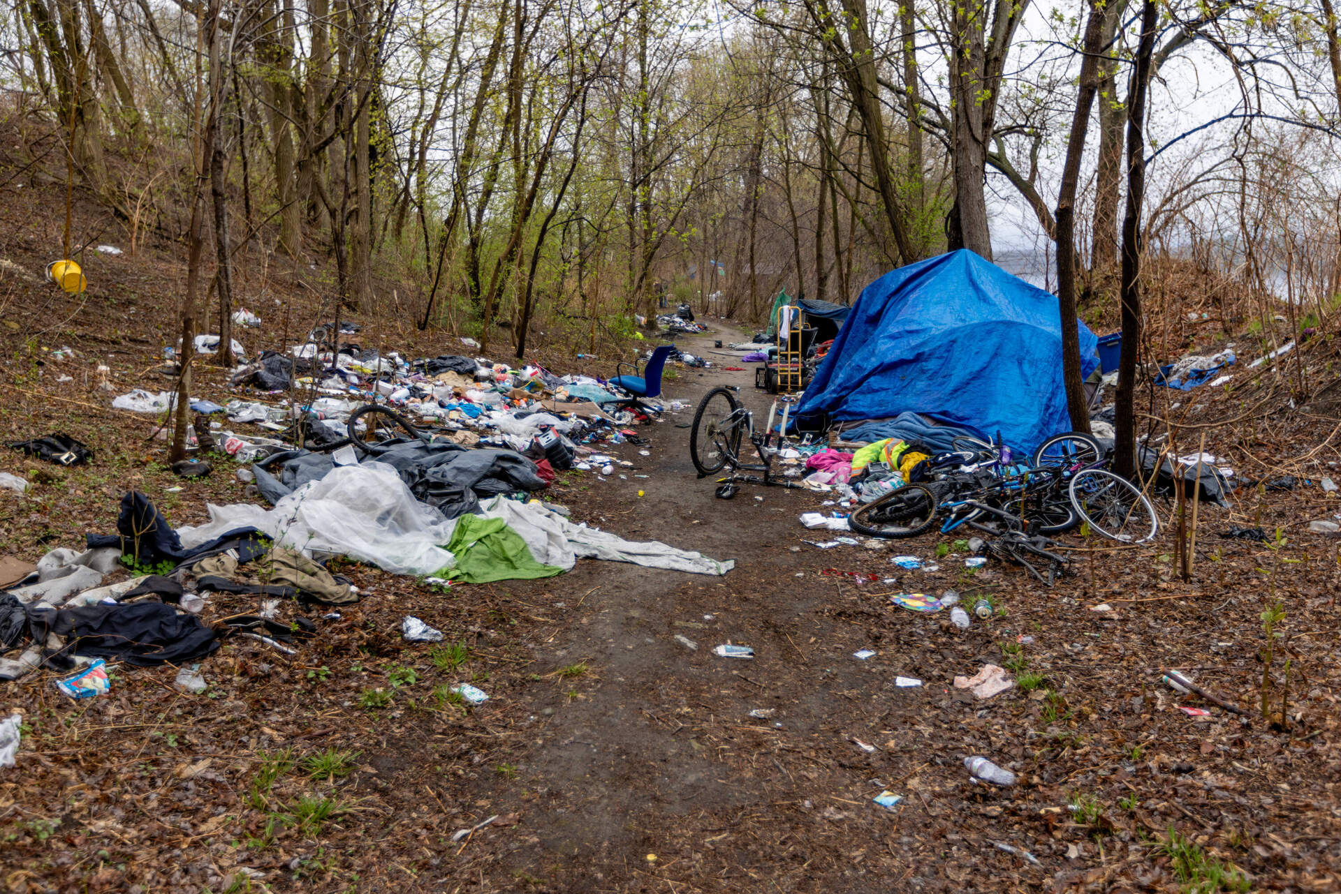 One of the abandoned campsites in the homeless encampment near Sheehy Park in Lowell. (Jesse Costa/WBUR)