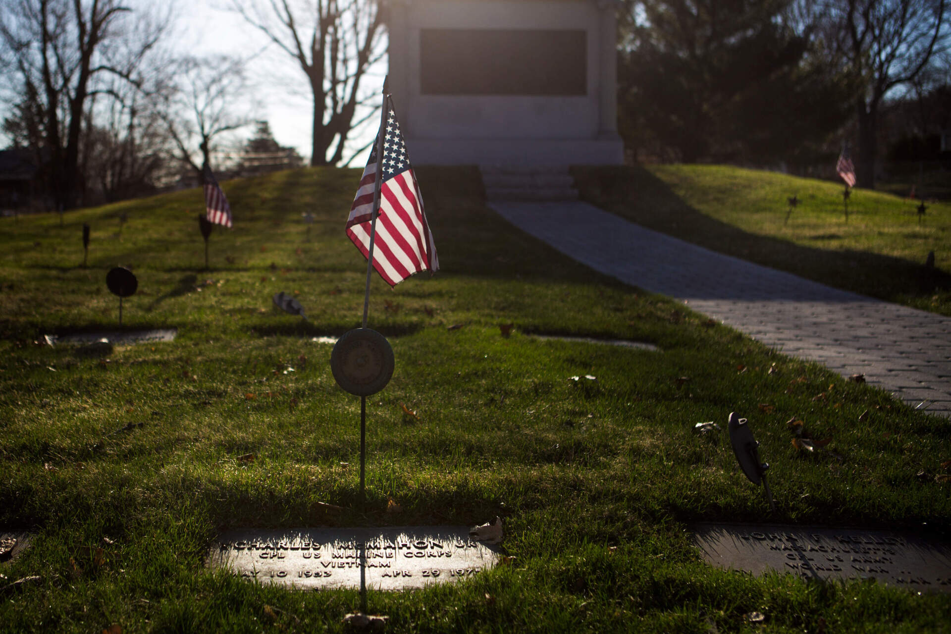 Charles McMahon's grave in Woburn's Woodbrook Cemetery in 2015. (Jesse Costa/WBUR)