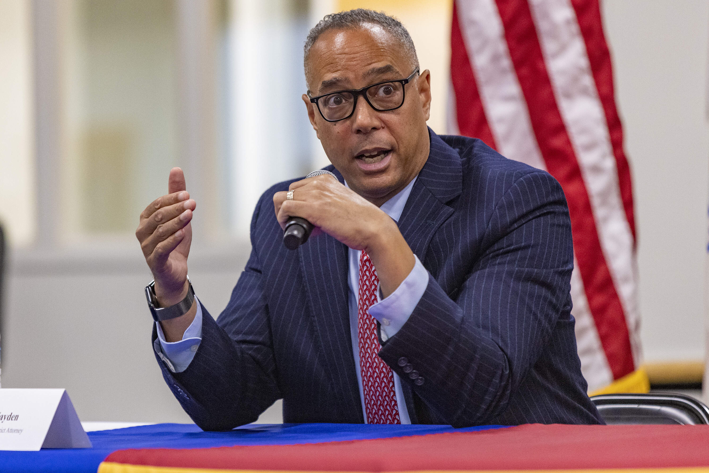 District Attorney Kevin Hayden speaks during the Suffolk District Attorney Forum in 2022. (Jesse Costa/WBUR)