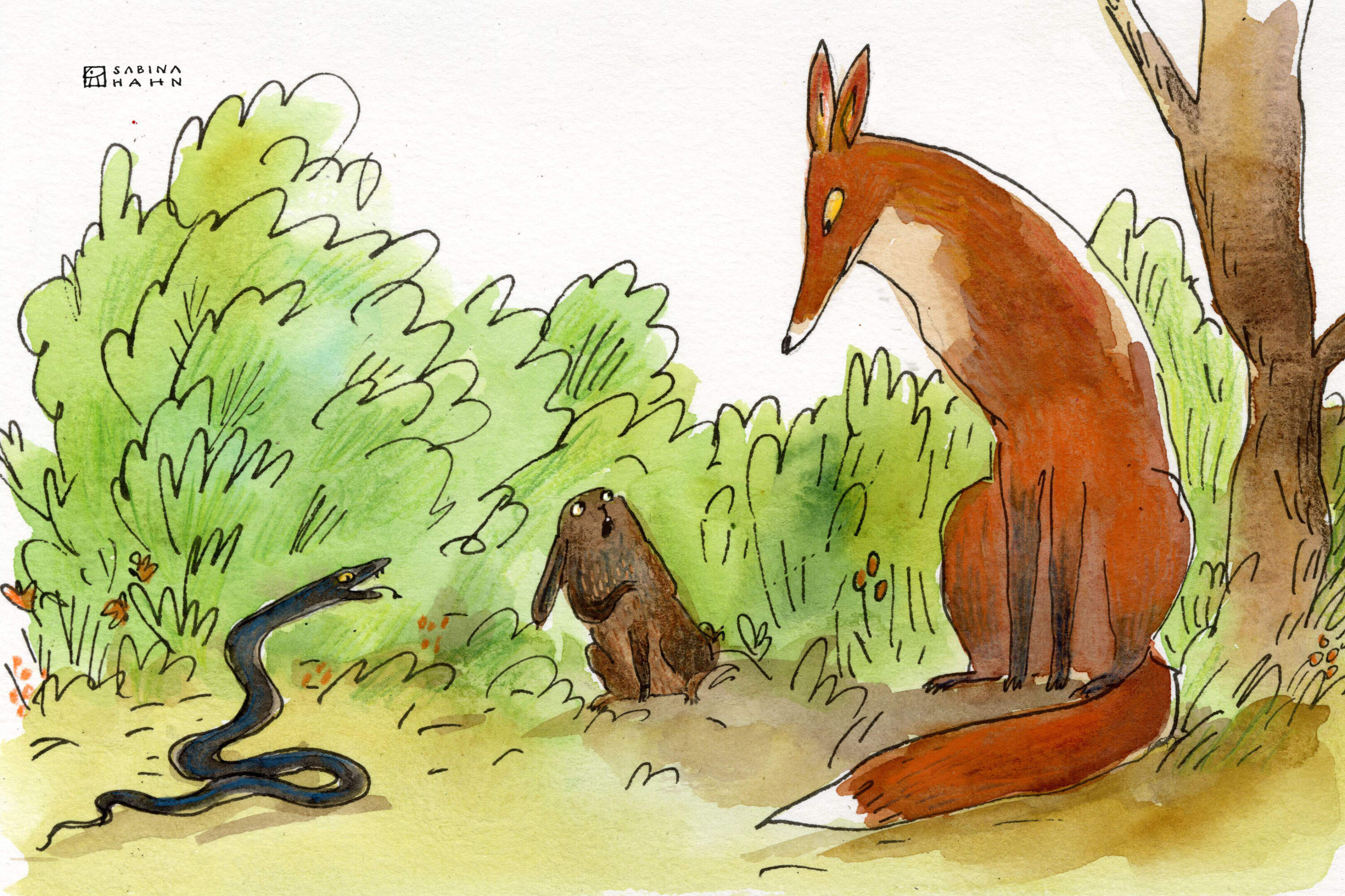 A snake, a rabbit, and a fox sit together. (Sabina Hahn for WBUR)