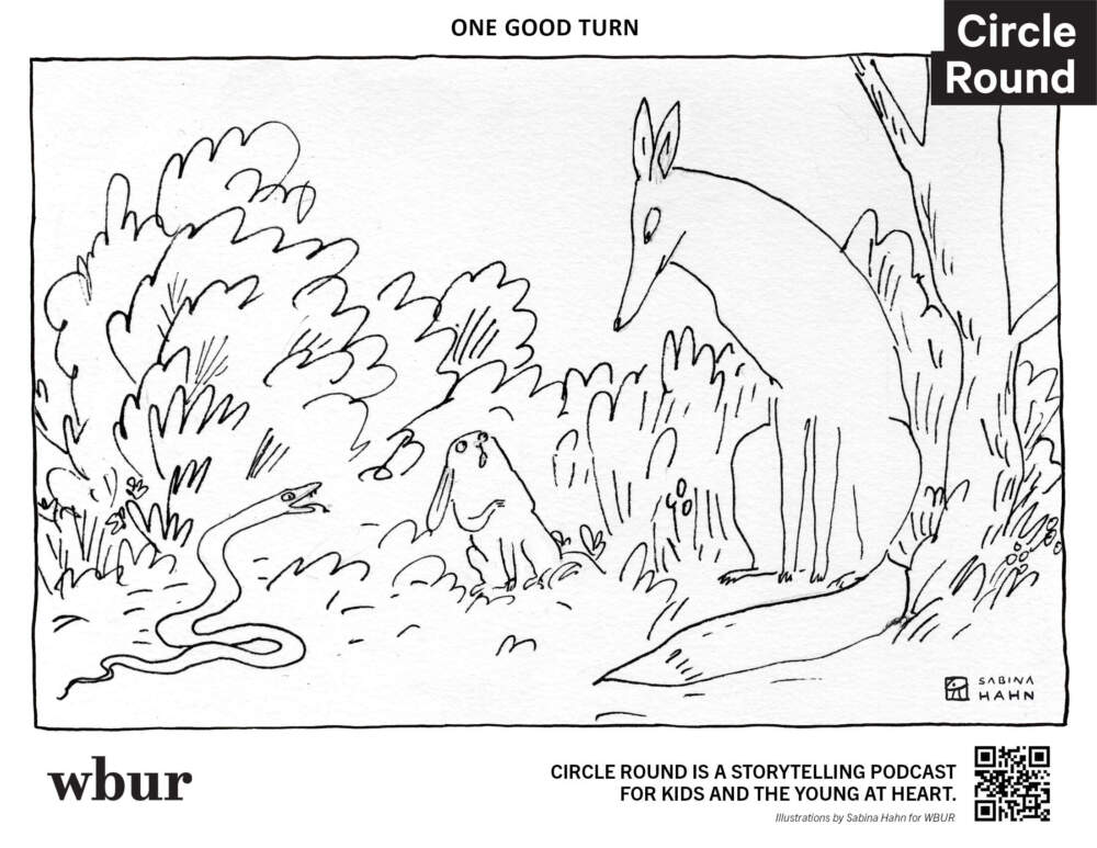 A snake, a rabbit, and a fox sit together. (Sabina Hahn for WBUR)