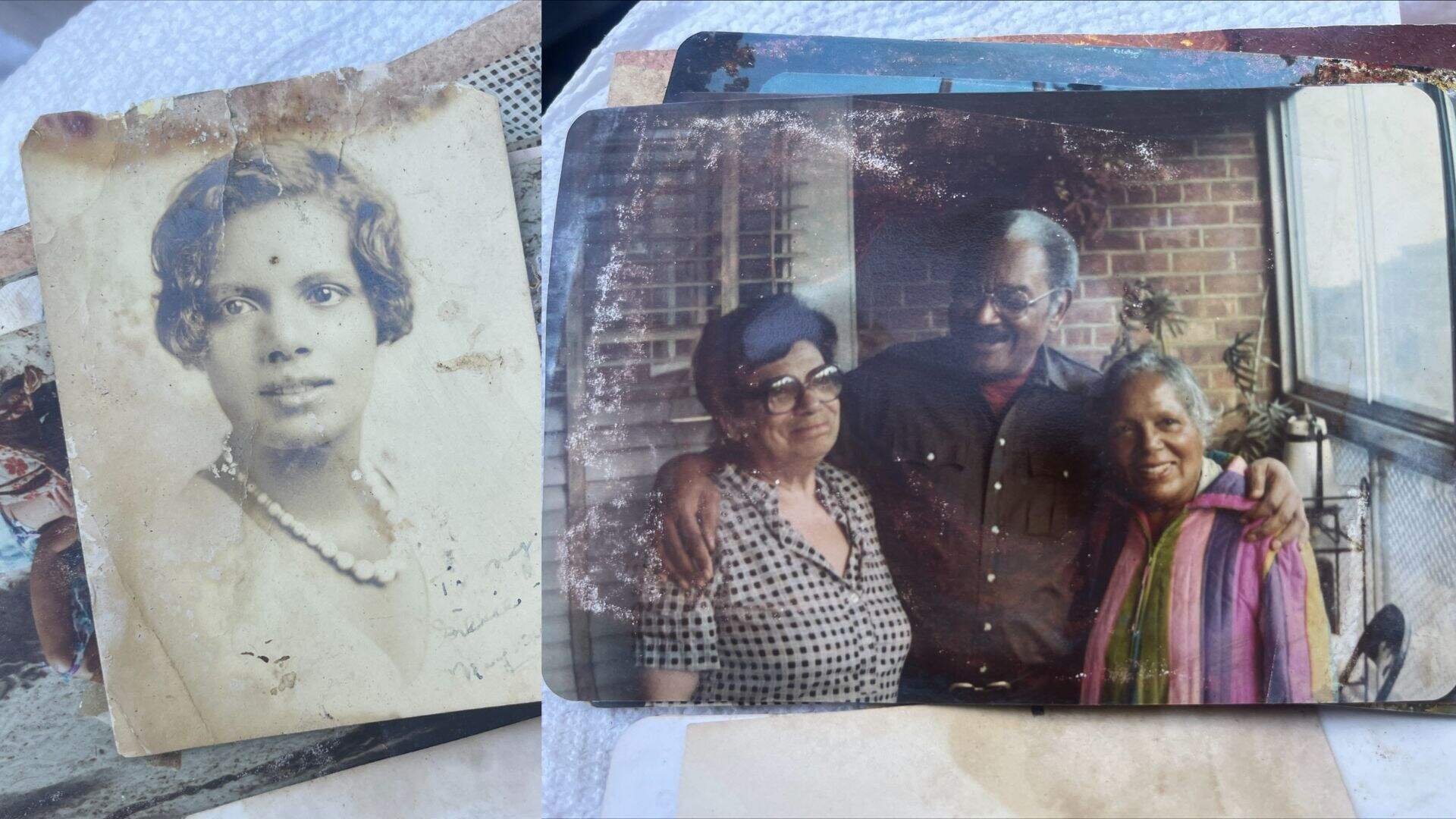 A photo of Marguerite Gill is on the right. A photo of Marguerite and Hampton with an unknown woman is on the left. Both photos were saved from the house (Arielle Gray/ WBUR)