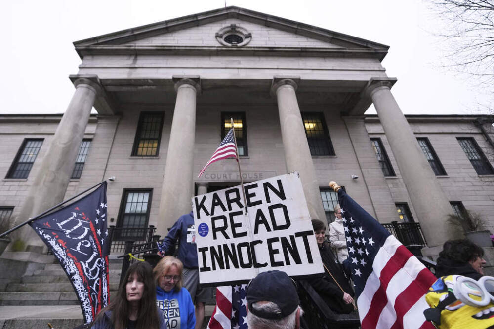 Supporters of Karen Read gather on the steps at Norfolk Superior Court prior to Read's trial on Tuesday in Dedham. (Charles Krupa/AP)