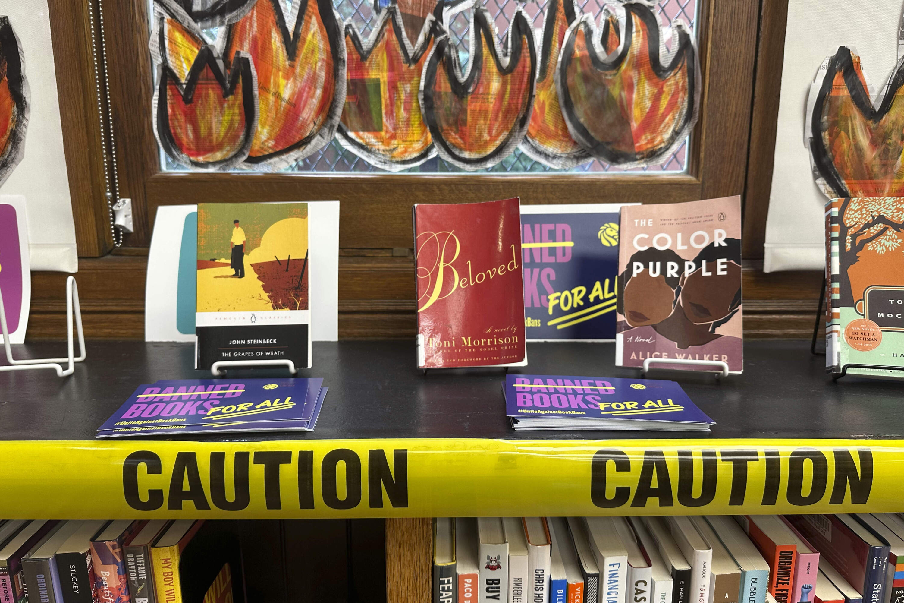 A Banned Books Week display at the Mott Haven branch of the New York Public Library on October 7, 2023. (Ted Shaffrey/AP)